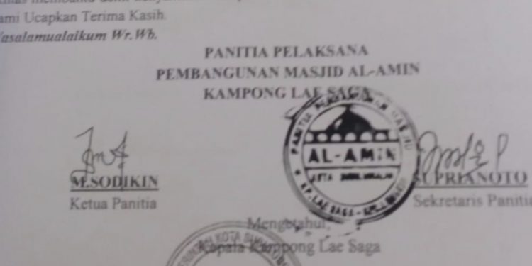 Panitia Pembangunan Masjid AL-Amin lae Saga Diduga Palsukan Tanda Tangan Kades