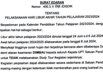 Disdik Bengkalis Keluarkan Surat Edaran Stufdy Tour