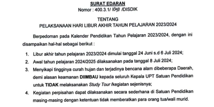 Disdik Bengkalis Keluarkan Surat Edaran Stufdy Tour